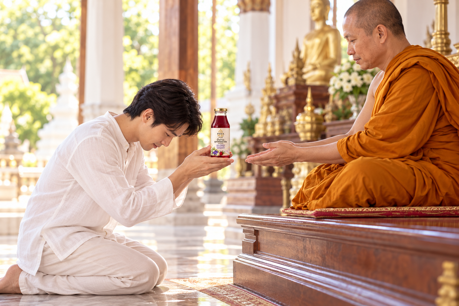 ภาพประกอบผู้ถวายคุกเข่าน้อมถวายน้ำปานะ
